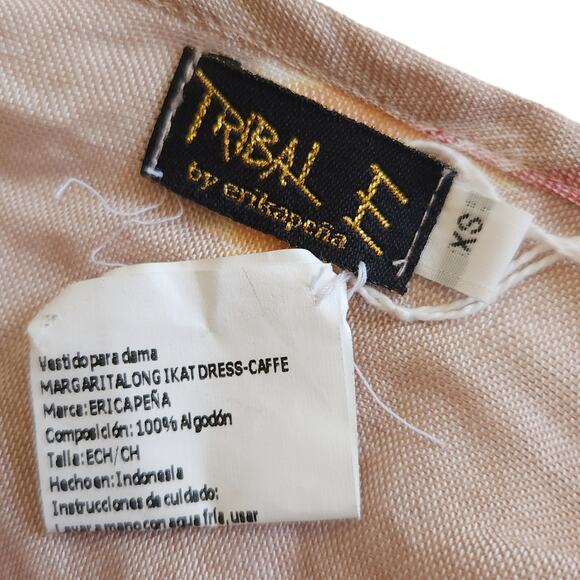 ERIKA PENA Tribal E Margarita Long Ikat maxi ruffle fringe dress in caffe XS NEW - Picture 6 of 8